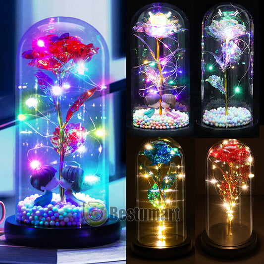 Preserved Eternal Rose in Glass Galaxy Flower Dome LED Light Holiday Gifts